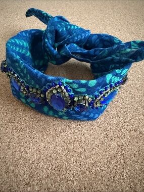Anthropologie Sailor Blue Teal Jeweled Fabric bandana/bracelet